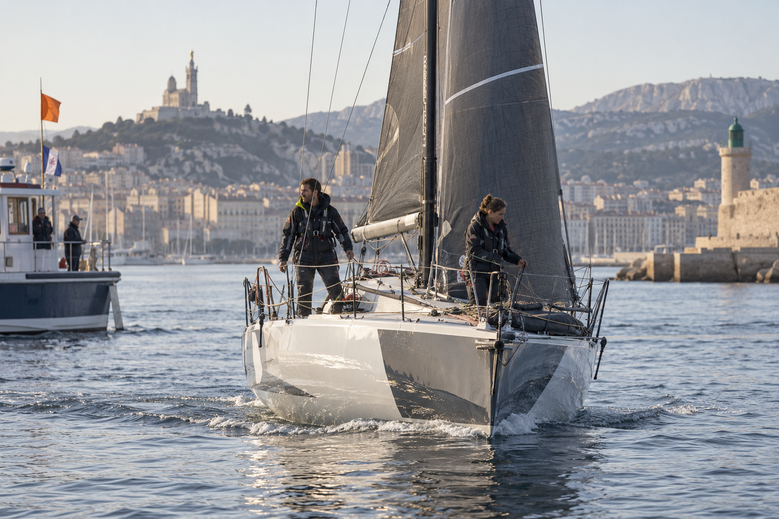 AI-generated editorial reconstruction of Thomas Andre and Colombe Julia finishing in Marseille