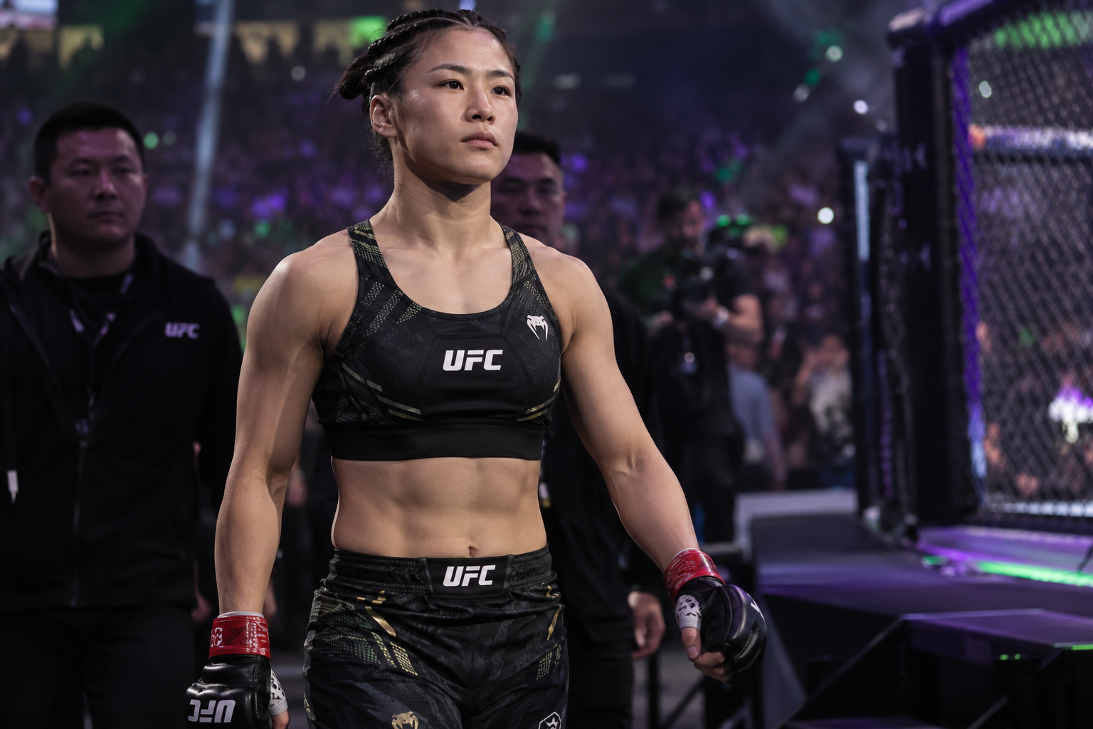 AI-generated editorial reconstruction of Wang Cong entering an MMA arena