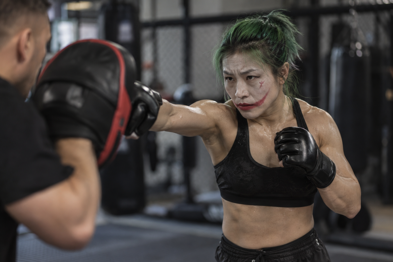 AI-generated editorial reconstruction of Wang Cong during MMA pad training