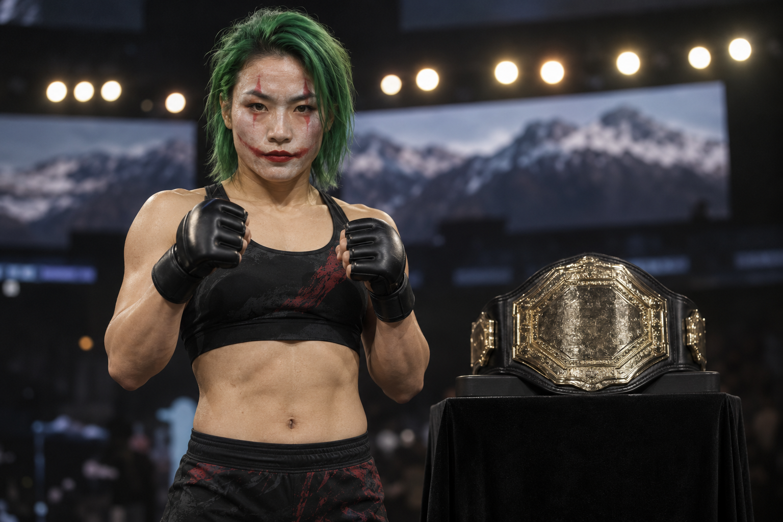 AI-generated editorial reconstruction of Wang Cong at a championship weigh-in