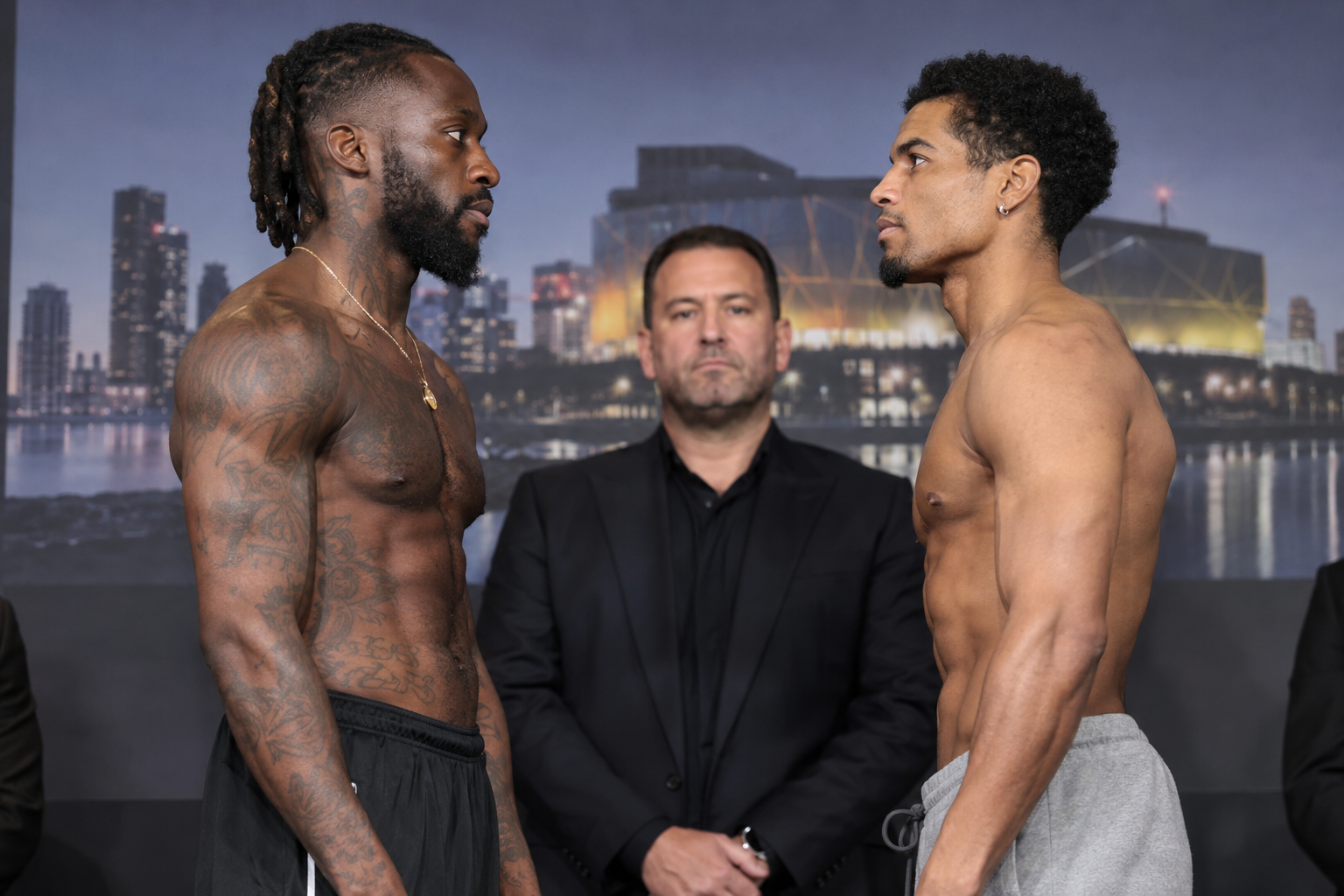 AI-generated editorial reconstruction of Denzel Bentley and Shane Mosley Jr at a face-off
