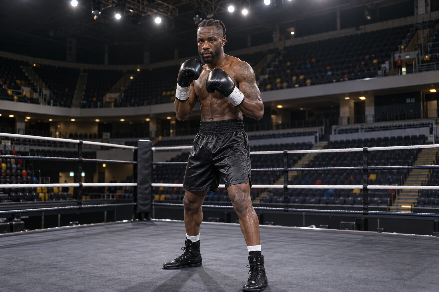 AI-generated editorial reconstruction of Denzel Bentley training in an arena ring