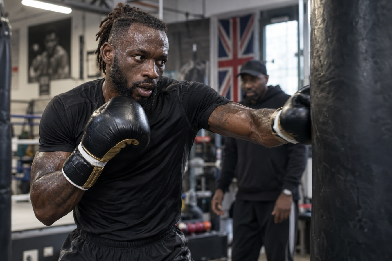 AI-generated editorial reconstruction of Denzel Bentley training in a London boxing gym