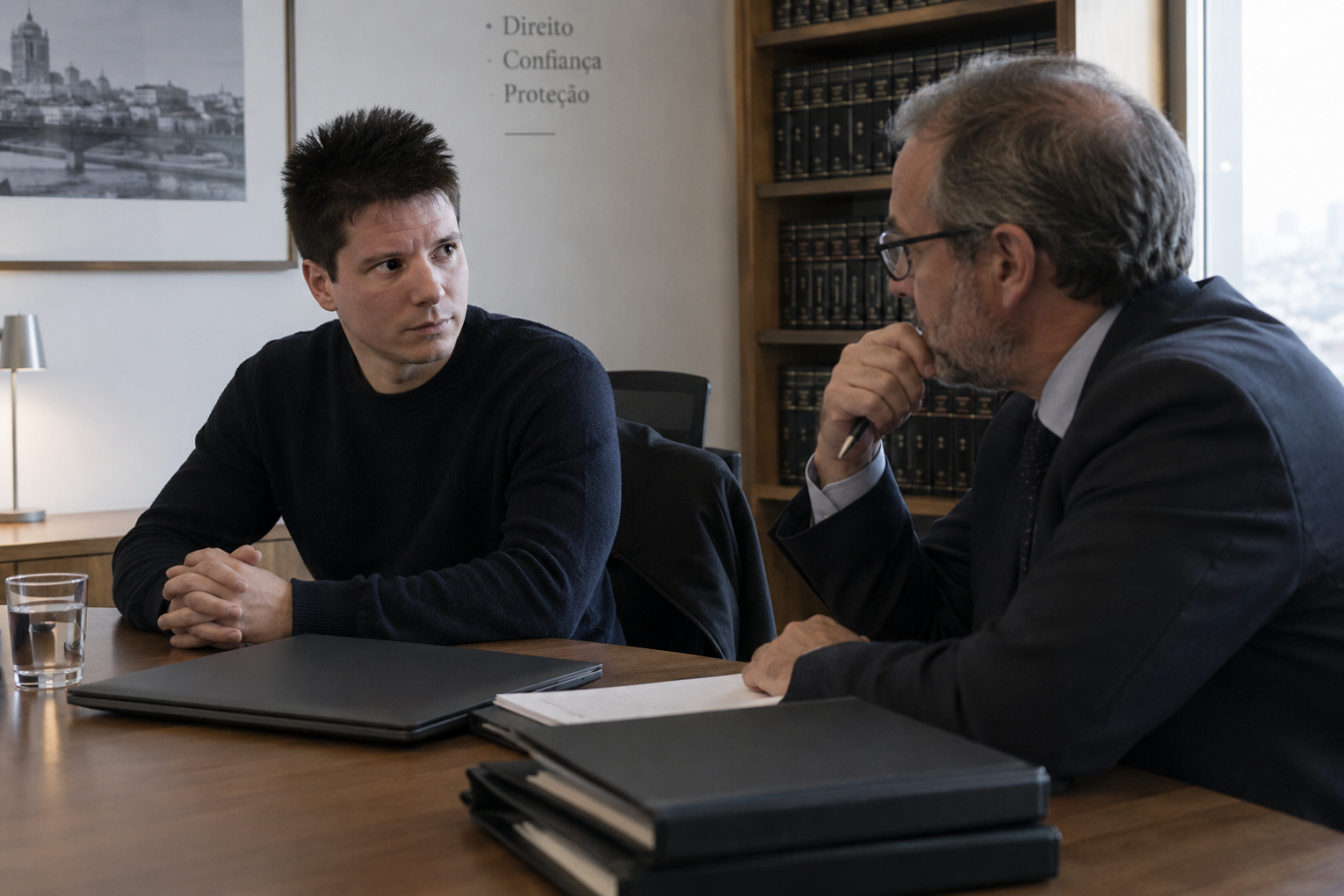 AI-generated editorial reconstruction of Rui Pinto in a legal meeting
