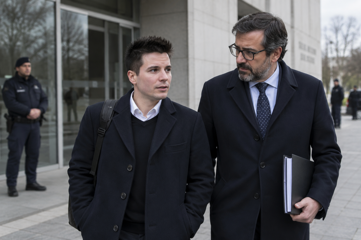 AI-generated editorial reconstruction of Rui Pinto leaving a government building with a legal adviser