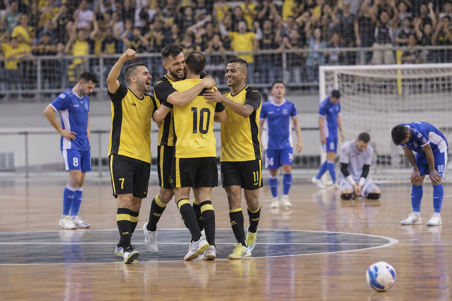 AI-generated editorial reconstruction of Jaraguá players celebrating LNF qualification