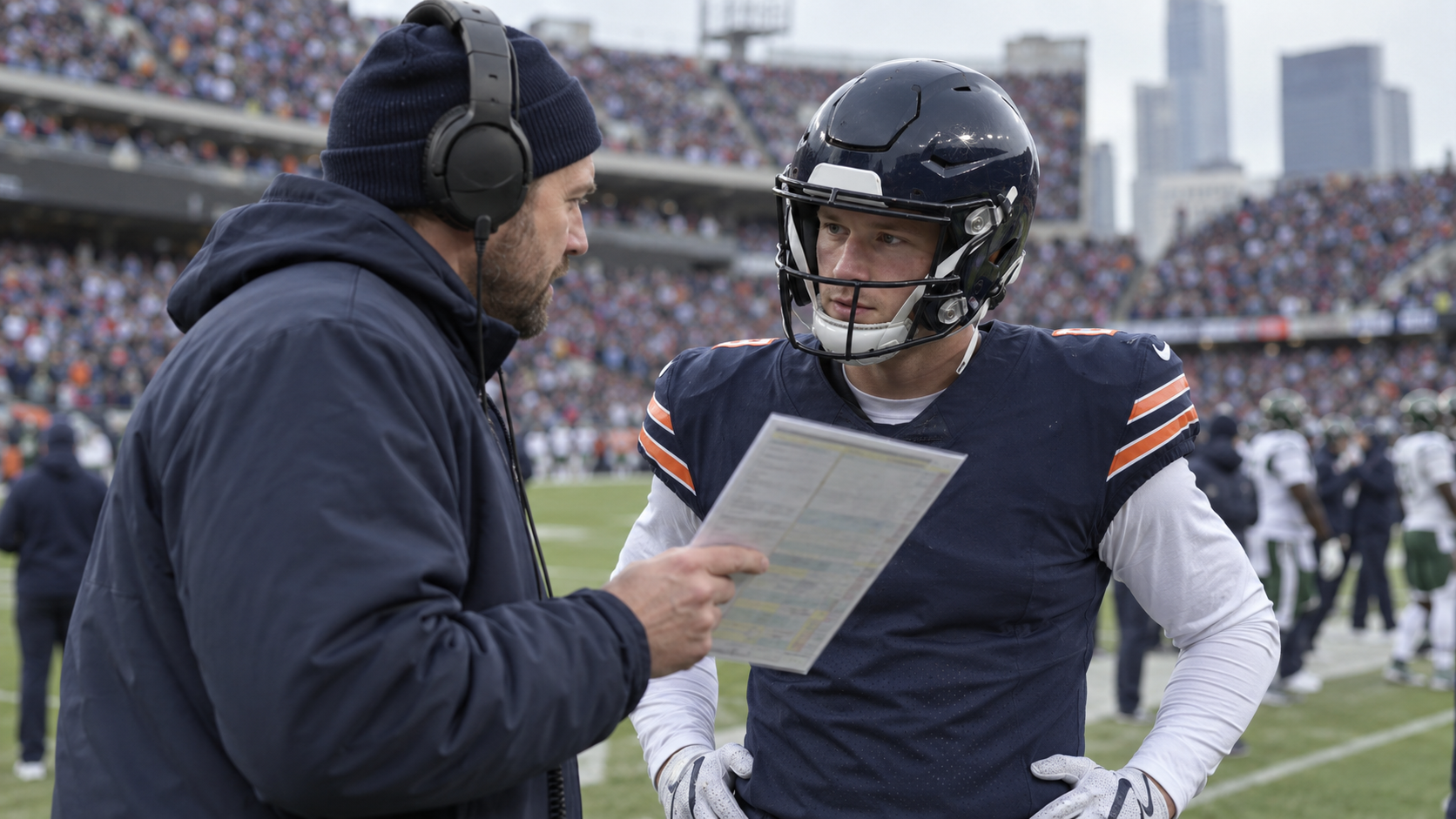AI-generated editorial reconstruction of Tyson Bagent speaking with a Chicago Bears coach before facing the Jets