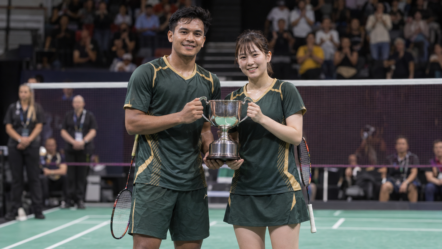 AI-generated editorial reconstruction of Andika Ramadiansyah and Nozomi Shimizu with the North Harbour trophy