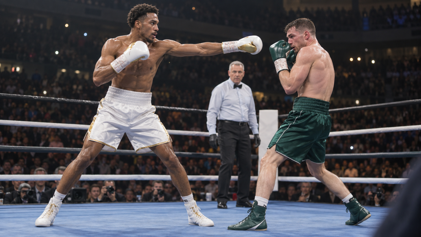 AI-generated editorial reconstruction of Ben Whittaker boxing Conor Wallace in Birmingham