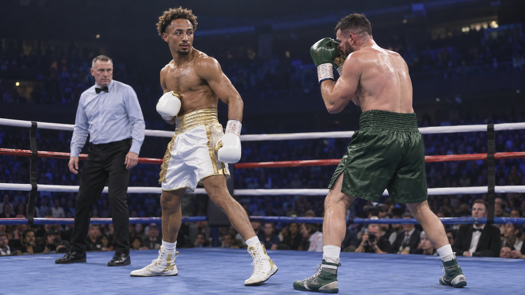 AI-generated editorial reconstruction of Ben Whittaker moving away from Conor Wallace's late pressure