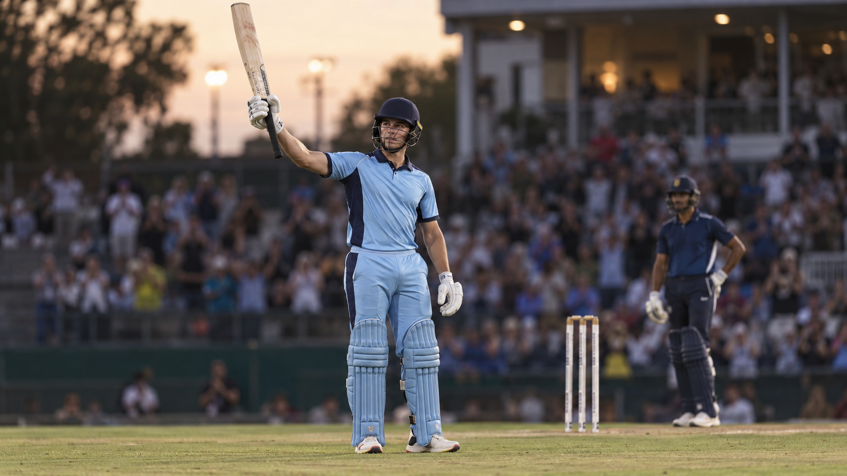 AI-generated editorial reconstruction of Lhuan-dre Pretorius raising his bat after his record T20 innings