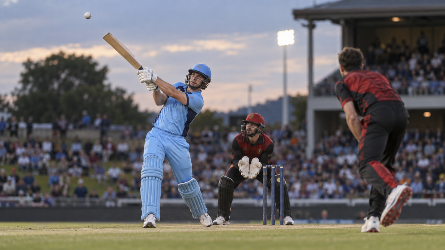 AI-generated editorial reconstruction of Lhuan-dre Pretorius batting for Titans against Knights