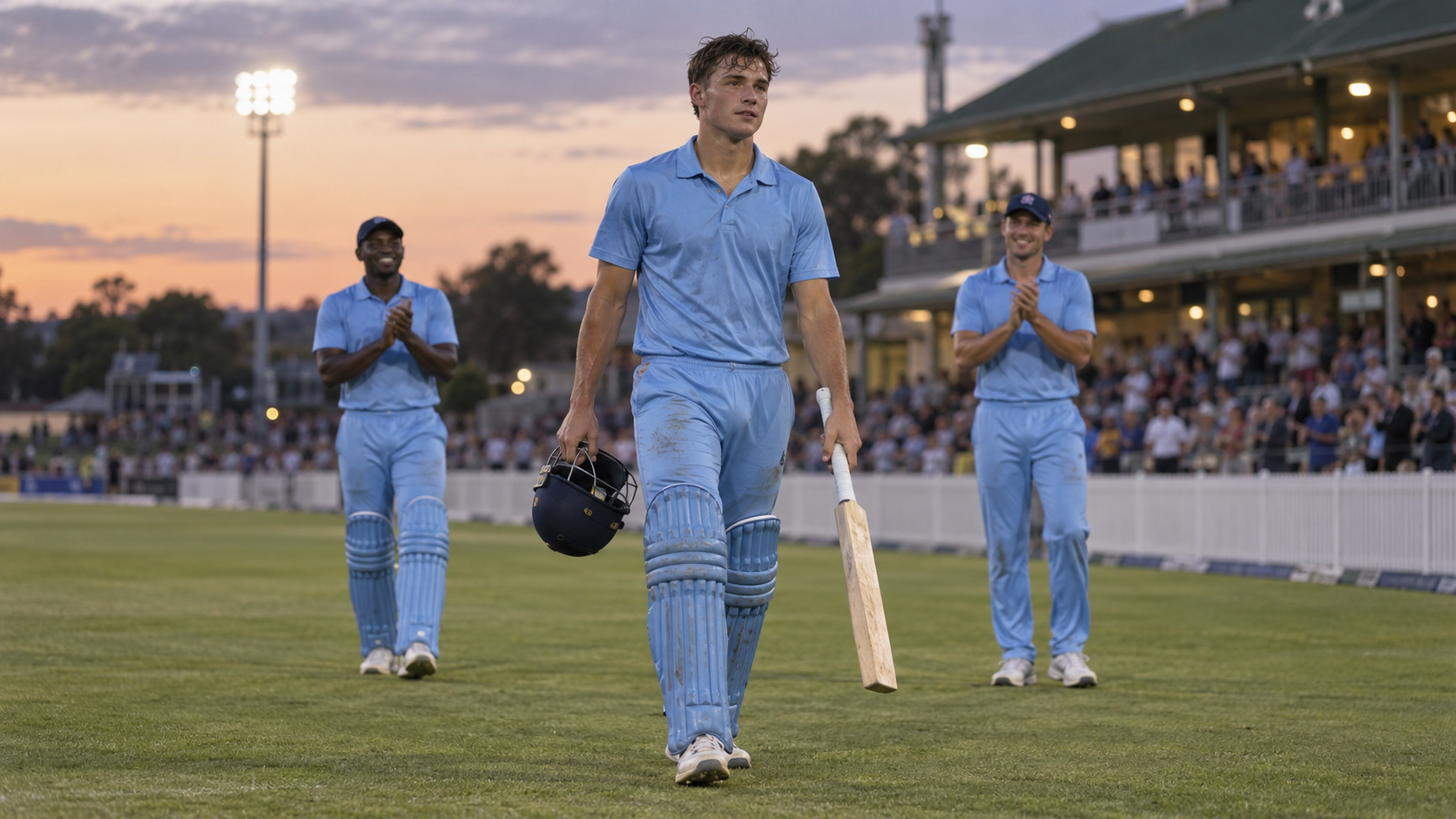 AI-generated editorial reconstruction of Lhuan-dre Pretorius leaving Mangaung Oval after his unbeaten 188
