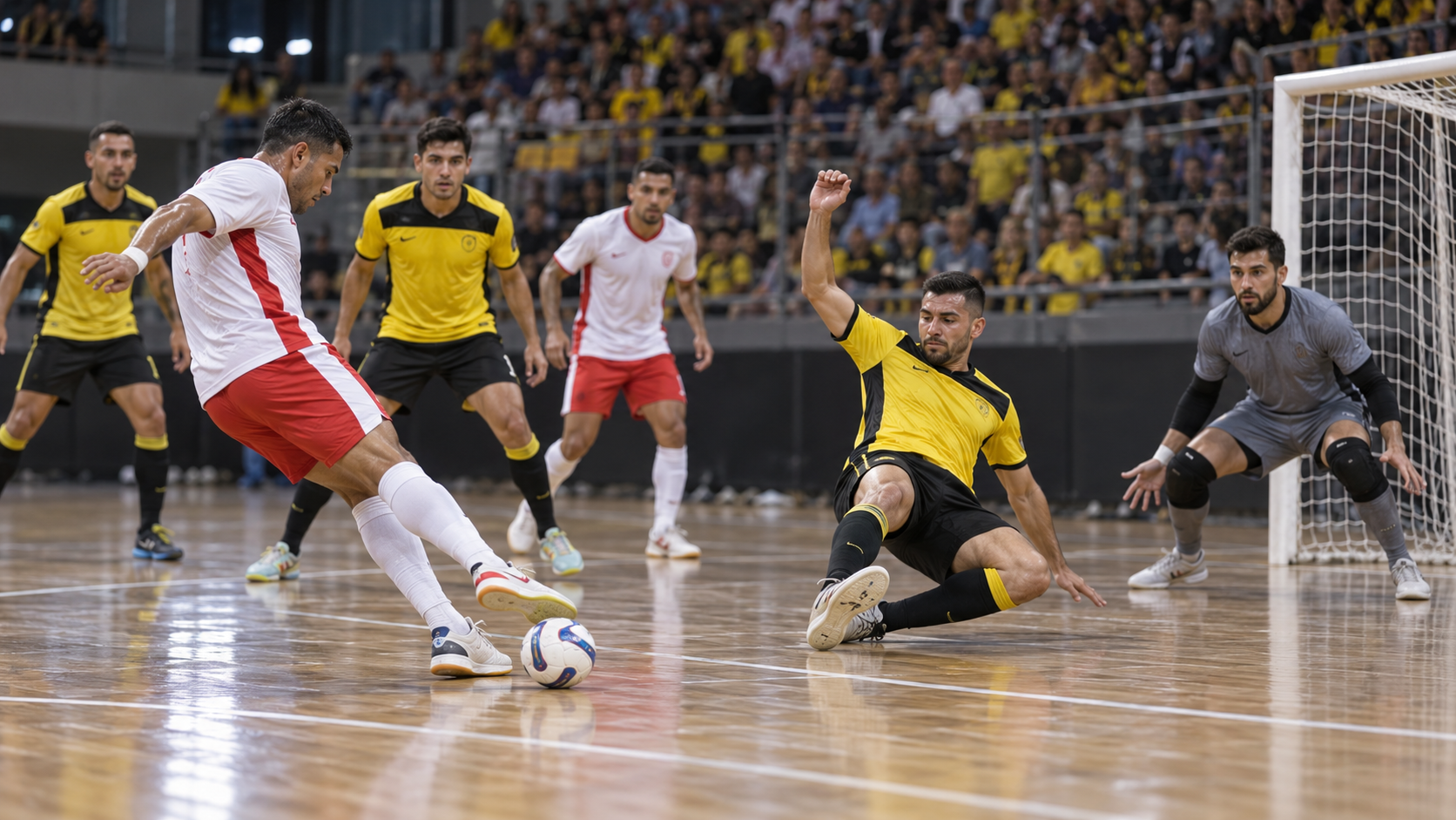 AI-generated editorial reconstruction of Jaragua defending against Praia Clube in an LNF quarter-final