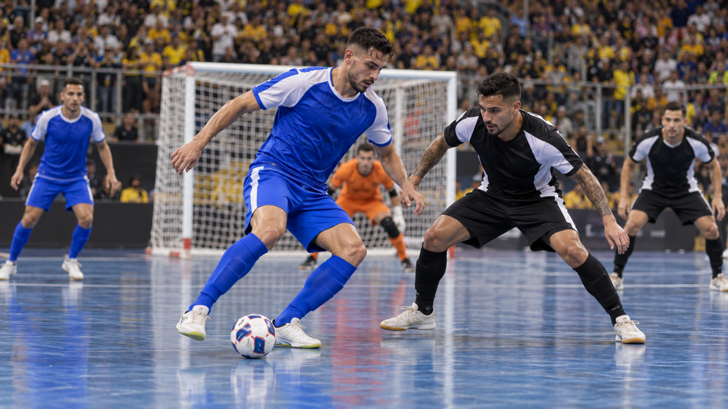 AI-generated editorial reconstruction of Magnus attacking Corinthians in a Brazilian futsal match