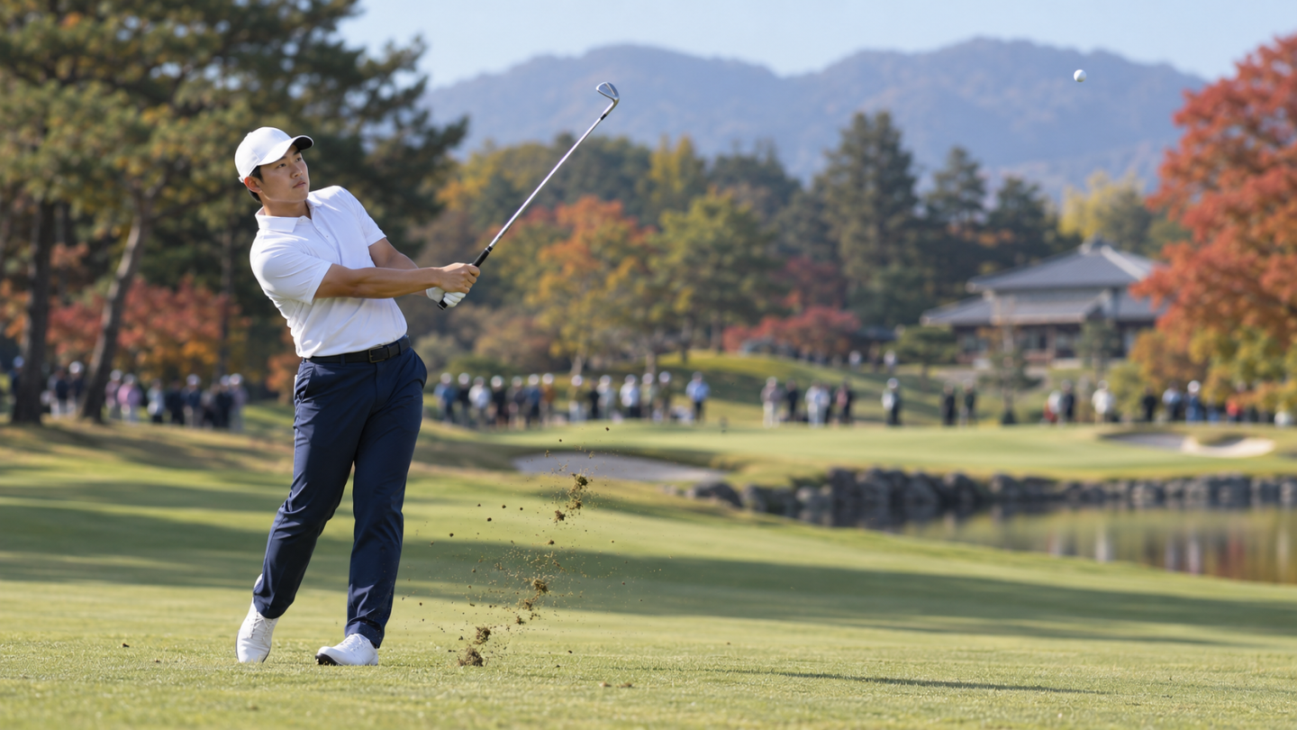 AI-generated editorial reconstruction of Tom Kim playing his approach during the Asian Games in Japan
