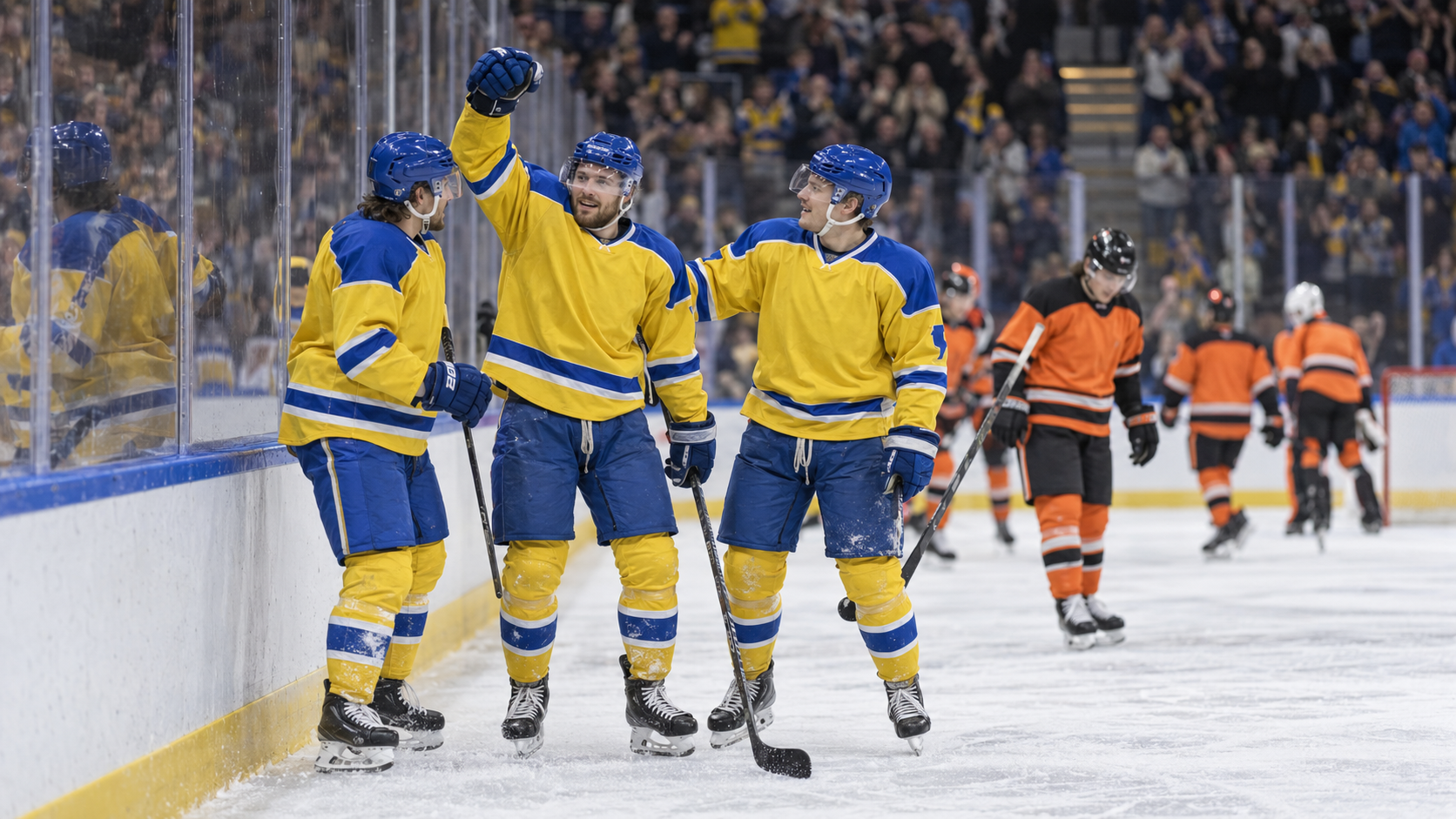 AI-generated editorial reconstruction of Fife Flyers celebrating their overtime winner in Sheffield