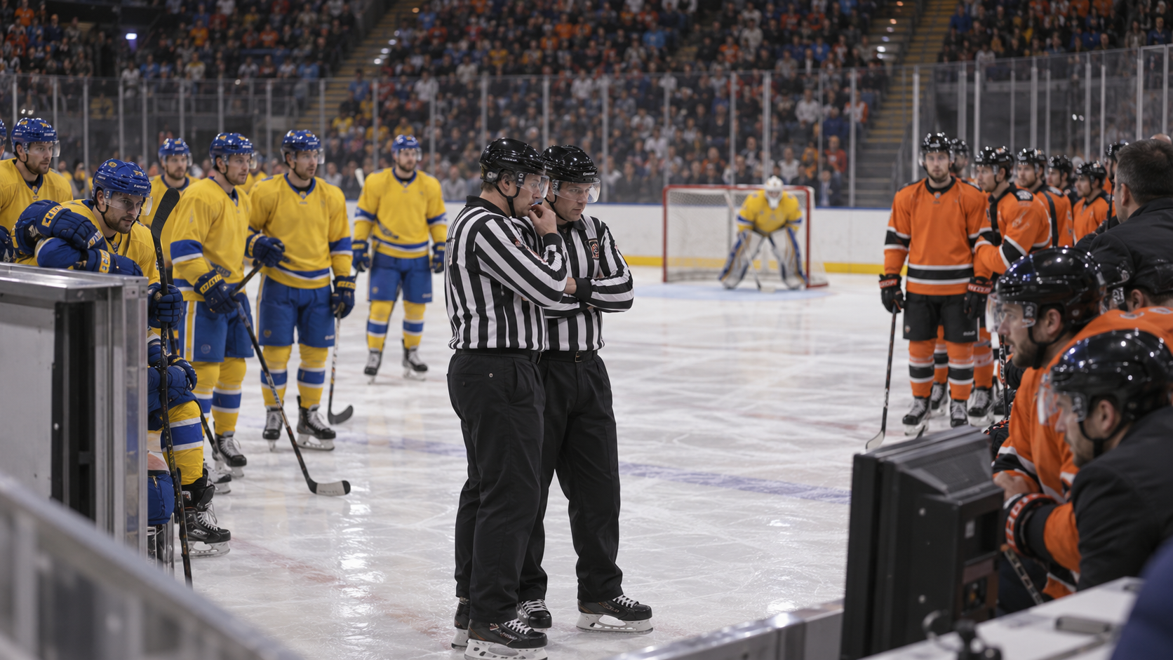 AI-generated editorial reconstruction of the video review after Fife Flyers' overtime goal against Sheffield