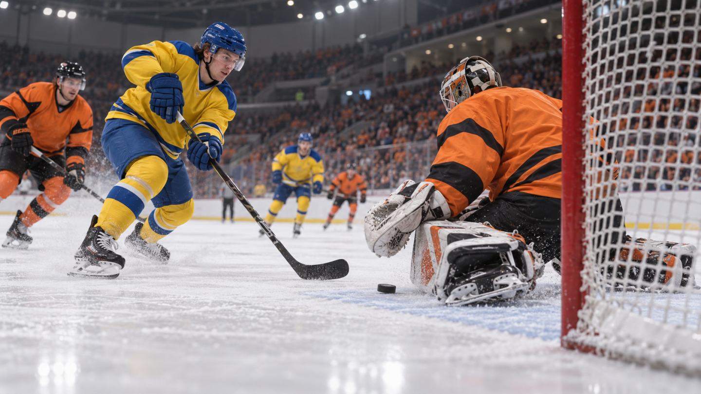 AI-generated editorial reconstruction of Xander Lamppa scoring for Fife Flyers against Sheffield Steelers