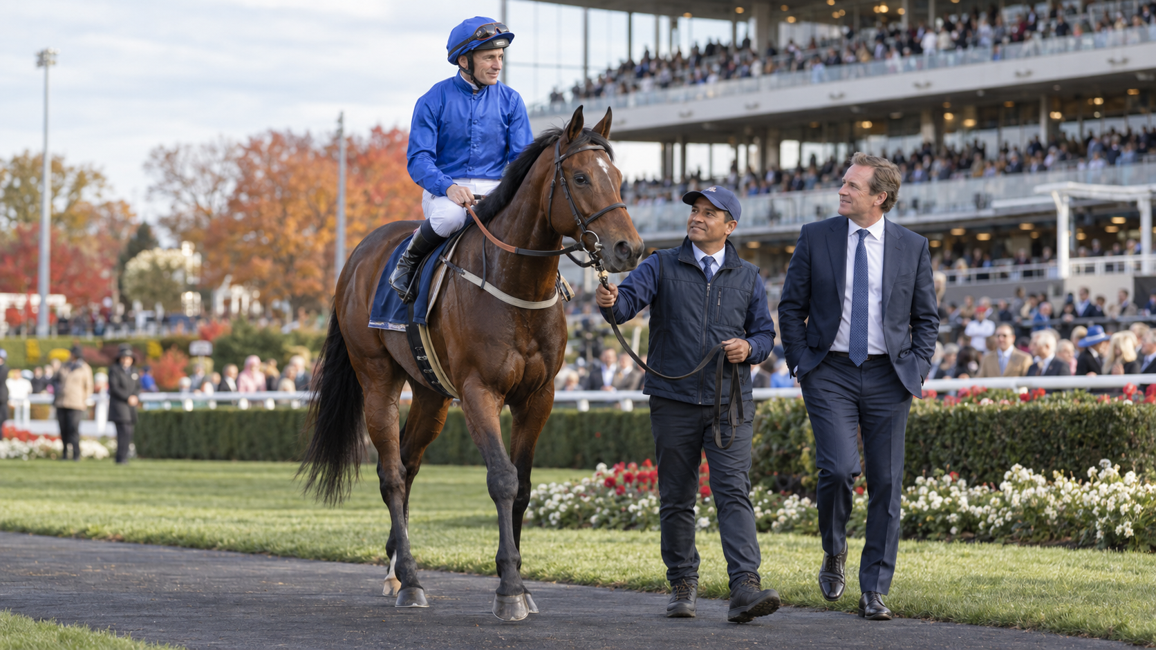 AI-generated editorial reconstruction of Arabian Crown with Jamie Spencer and his team at Woodbine