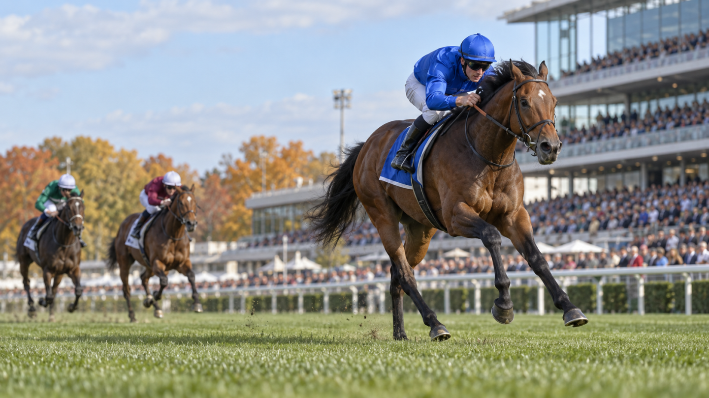 AI-generated editorial reconstruction of Arabian Crown winning the Canadian International at Woodbine