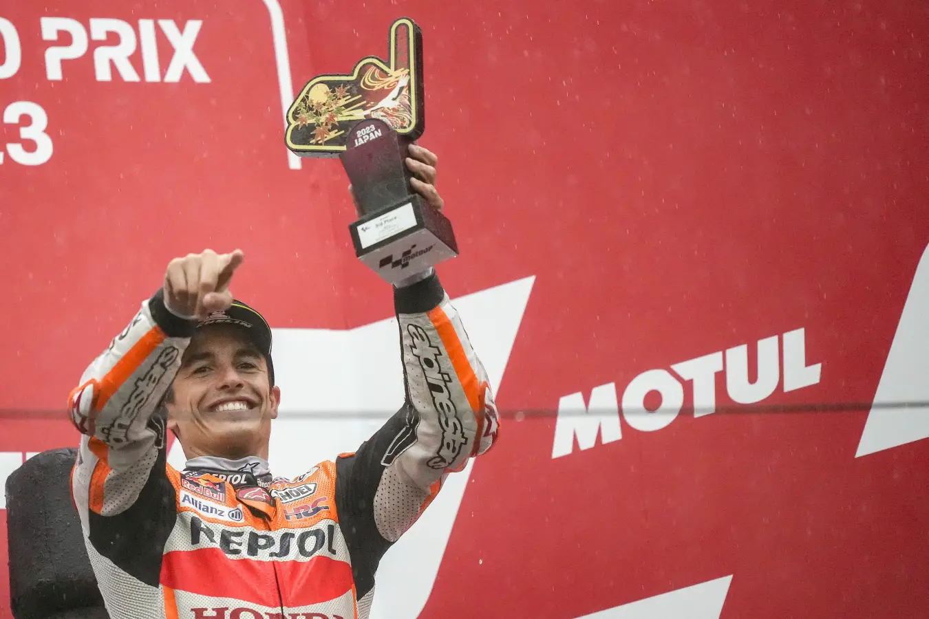 Marc Marquez celebrating on the Japanese Grand Prix podium at Motegi