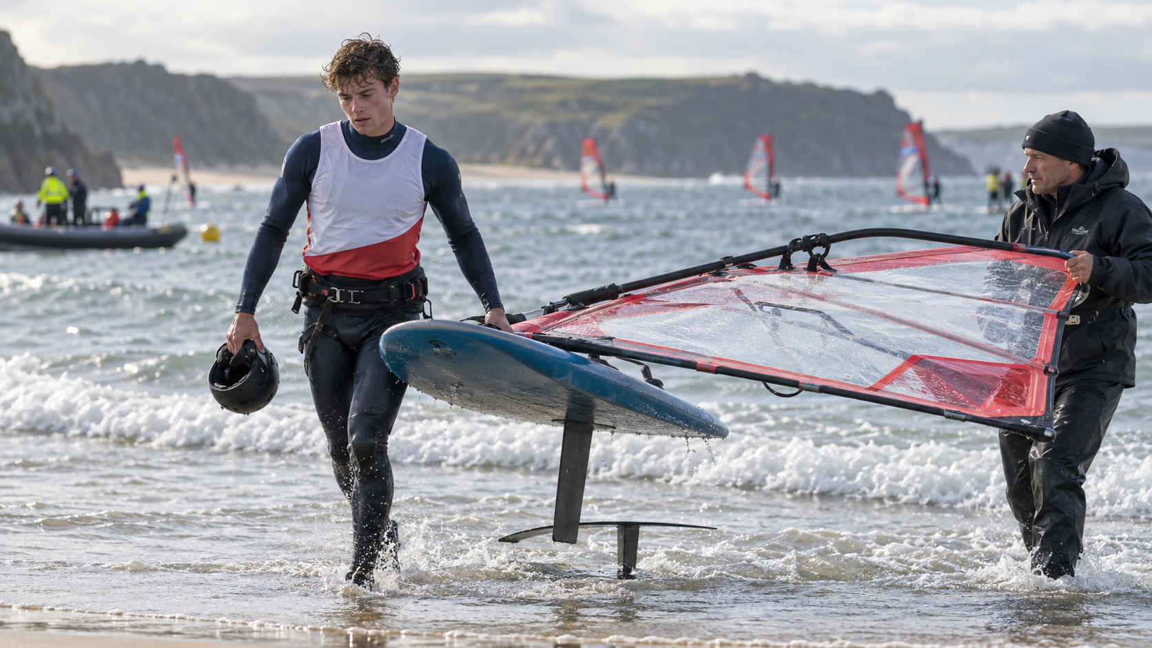 AI-generated editorial reconstruction of Duncan Monaghan returning to shore after the iQFOiL medal series