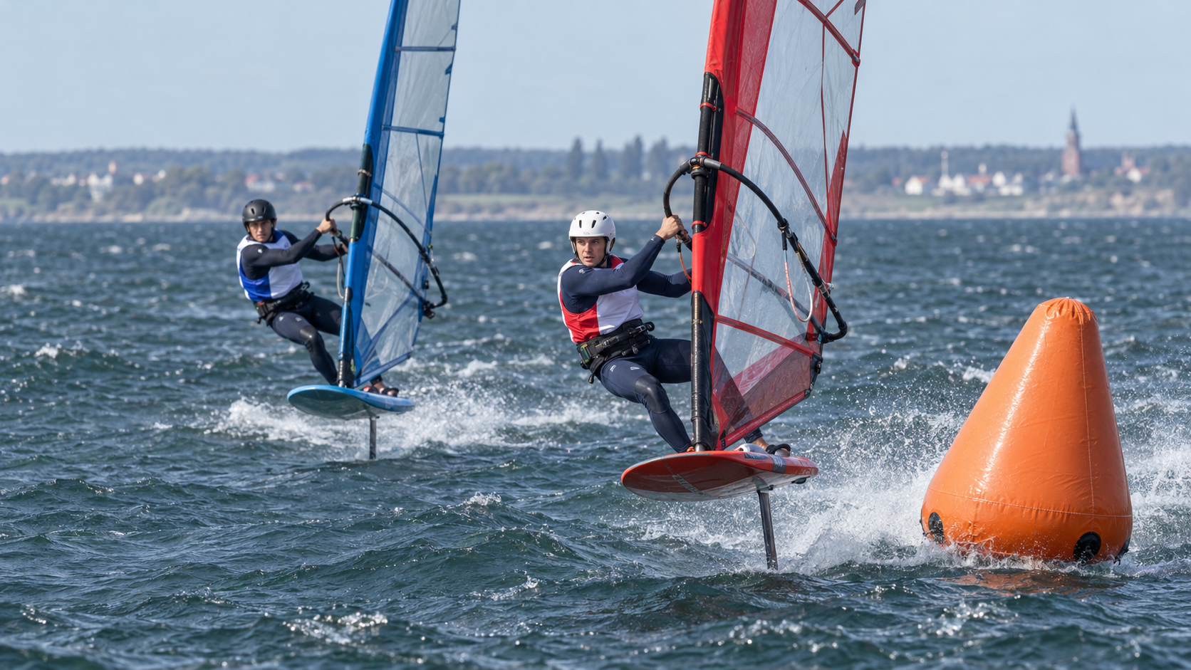 AI-generated editorial reconstruction of Duncan Monaghan rounding a slalom mark at the iQFOiL U23 Worlds