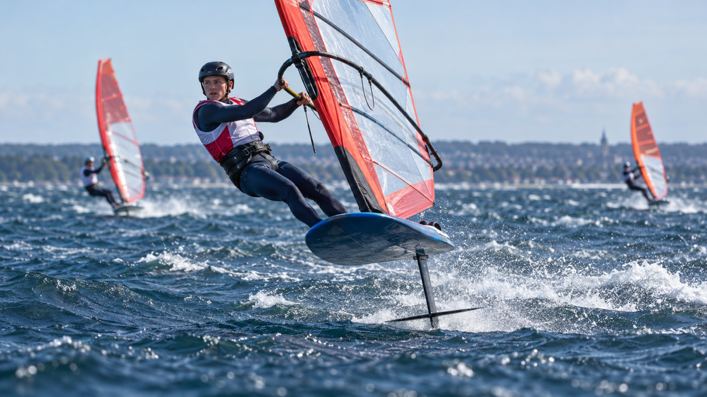 AI-generated editorial reconstruction of Duncan Monaghan racing an iQFOiL board on the Bay of Puck