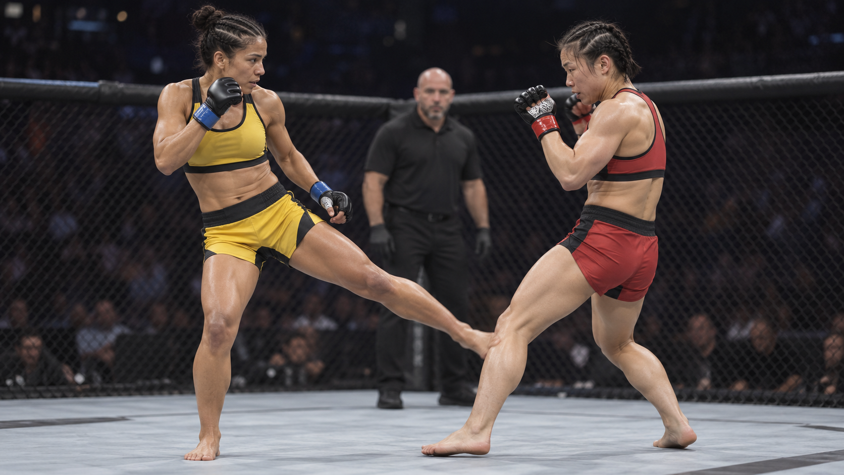 AI-generated editorial reconstruction of Natalia Silva using a low kick against Wang Cong