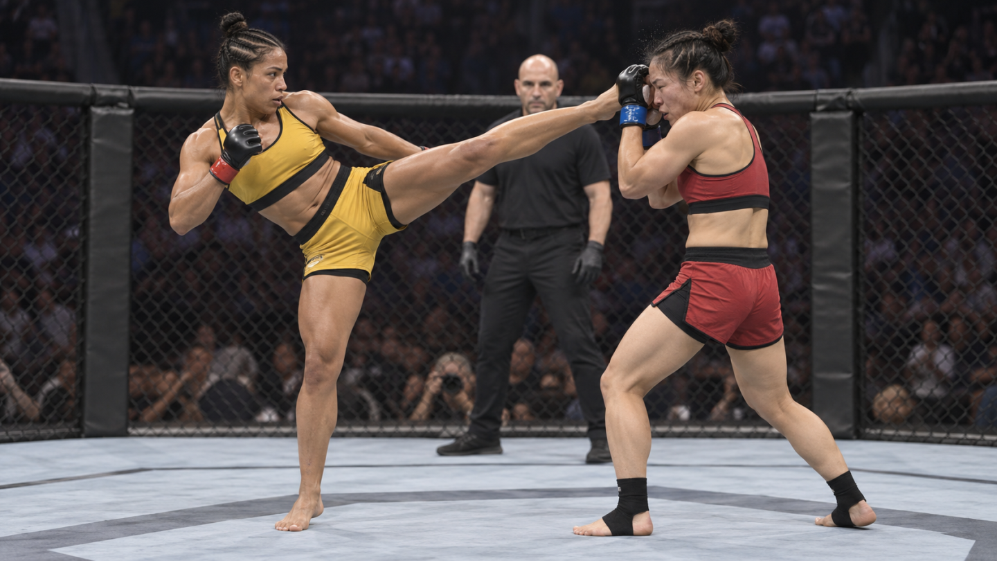 AI-generated editorial reconstruction of Natalia Silva landing a high kick against Wang Cong