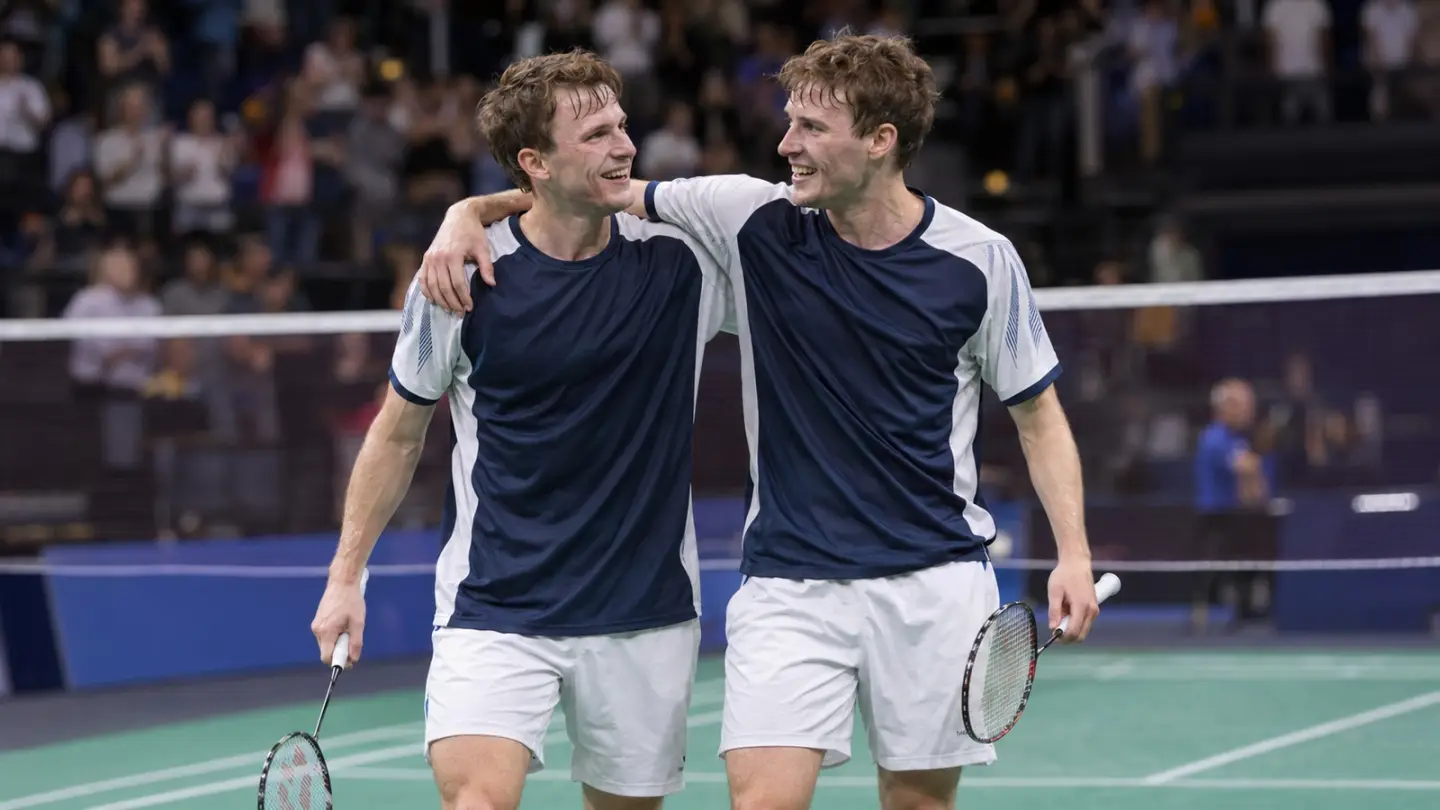AI-generated editorial reconstruction of Matt and Chris Grimley celebrating their Dutch Open men's doubles title