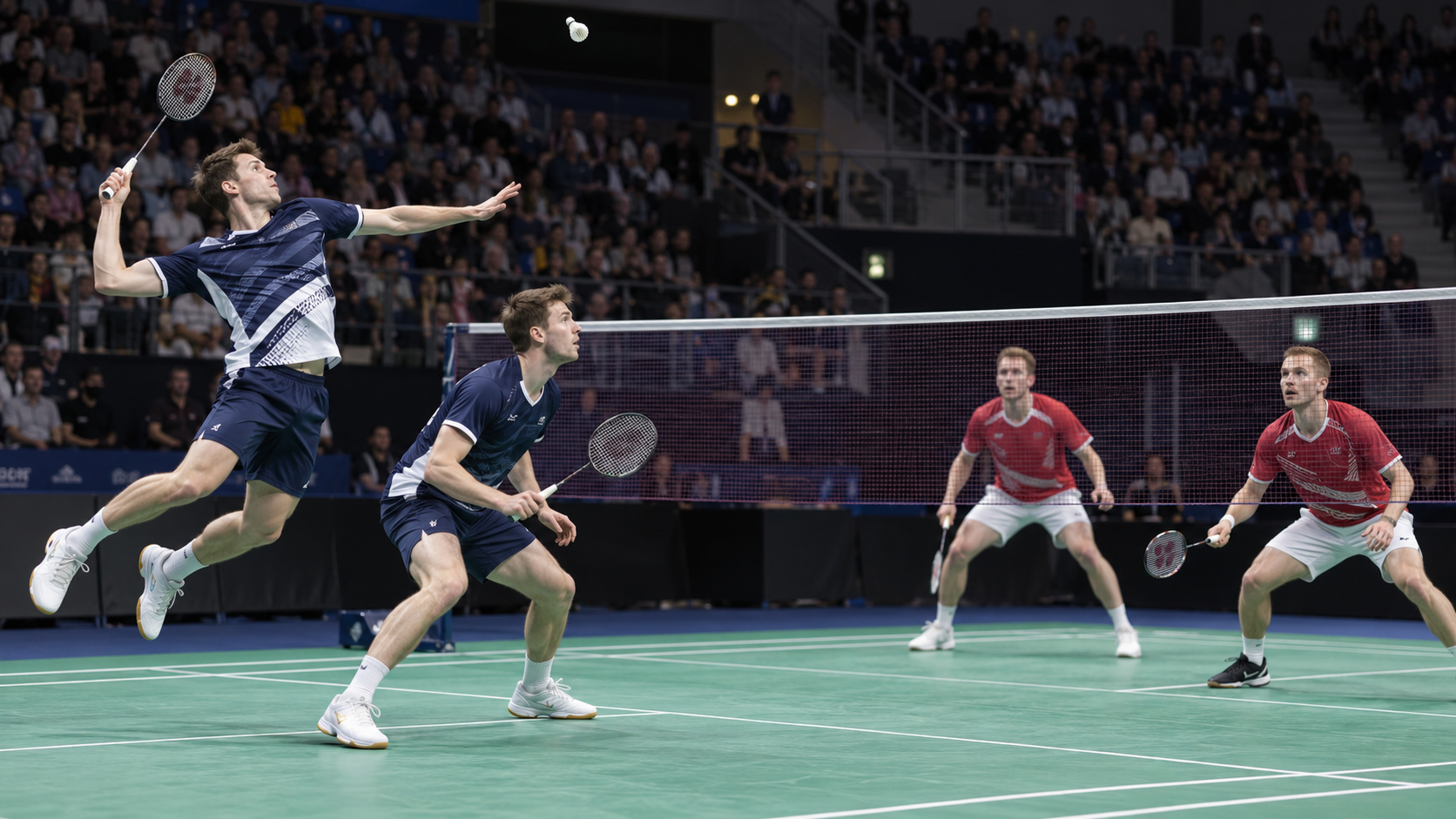 AI-generated editorial reconstruction of Matt and Chris Grimley competing in the Dutch Open men's doubles final