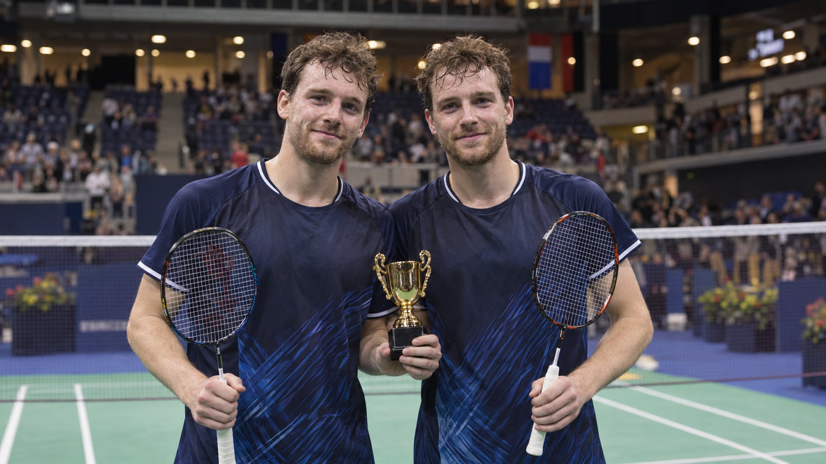 AI-generated editorial reconstruction of Matt and Chris Grimley holding the Dutch Open trophy