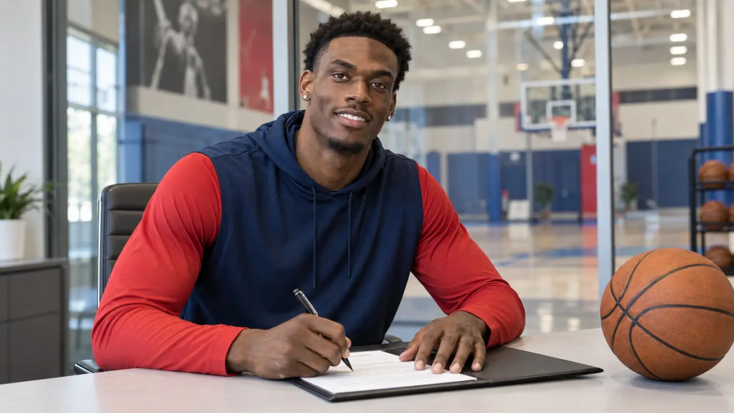 AI-generated editorial reconstruction of Jalen Duren signing his new Detroit Pistons contract