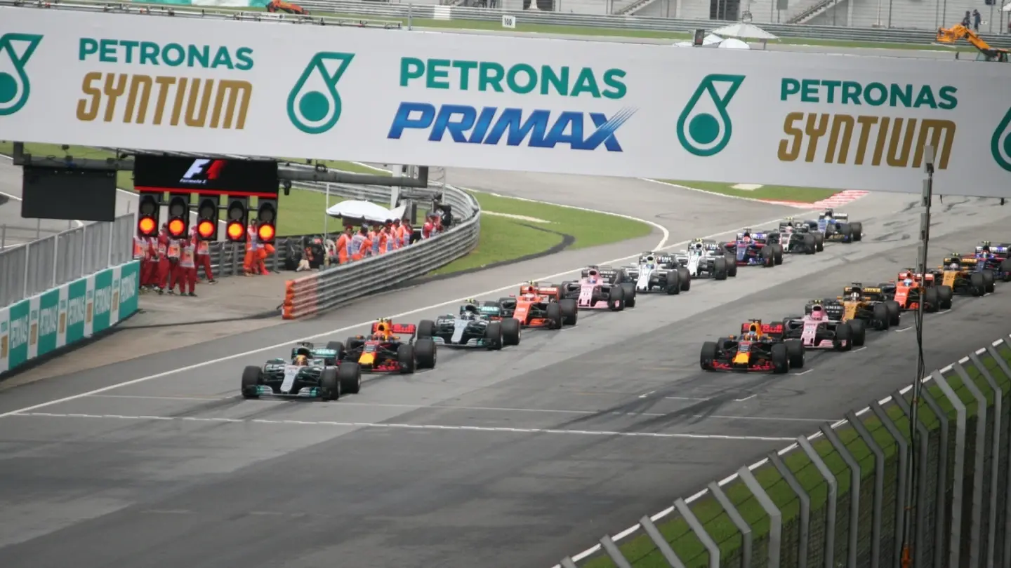 Formula 1 cars on the Malaysian Grand Prix starting grid at Sepang