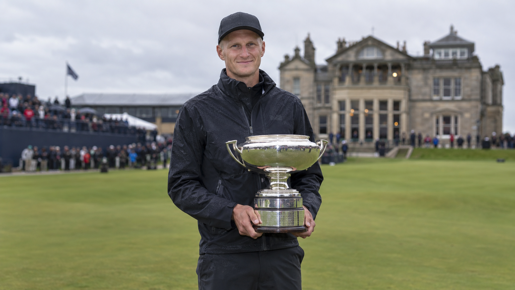 AI-generated editorial reconstruction of Adrian Meronk with the Alfred Dunhill Links trophy