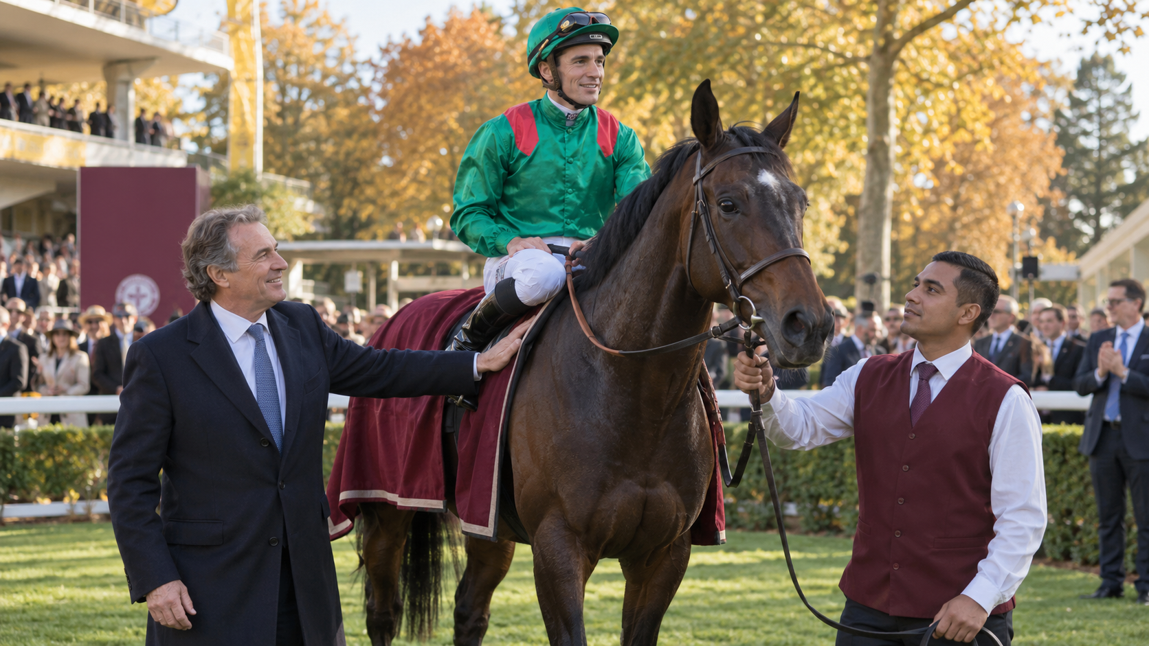 AI-generated editorial reconstruction of Daryz in the ParisLongchamp winner's enclosure