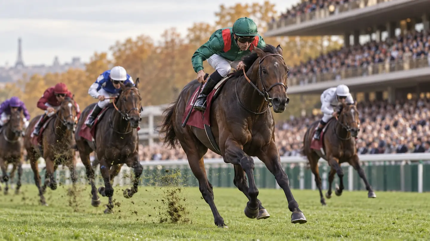 AI-generated editorial reconstruction of Daryz winning the Prix de l'Arc de Triomphe at ParisLongchamp