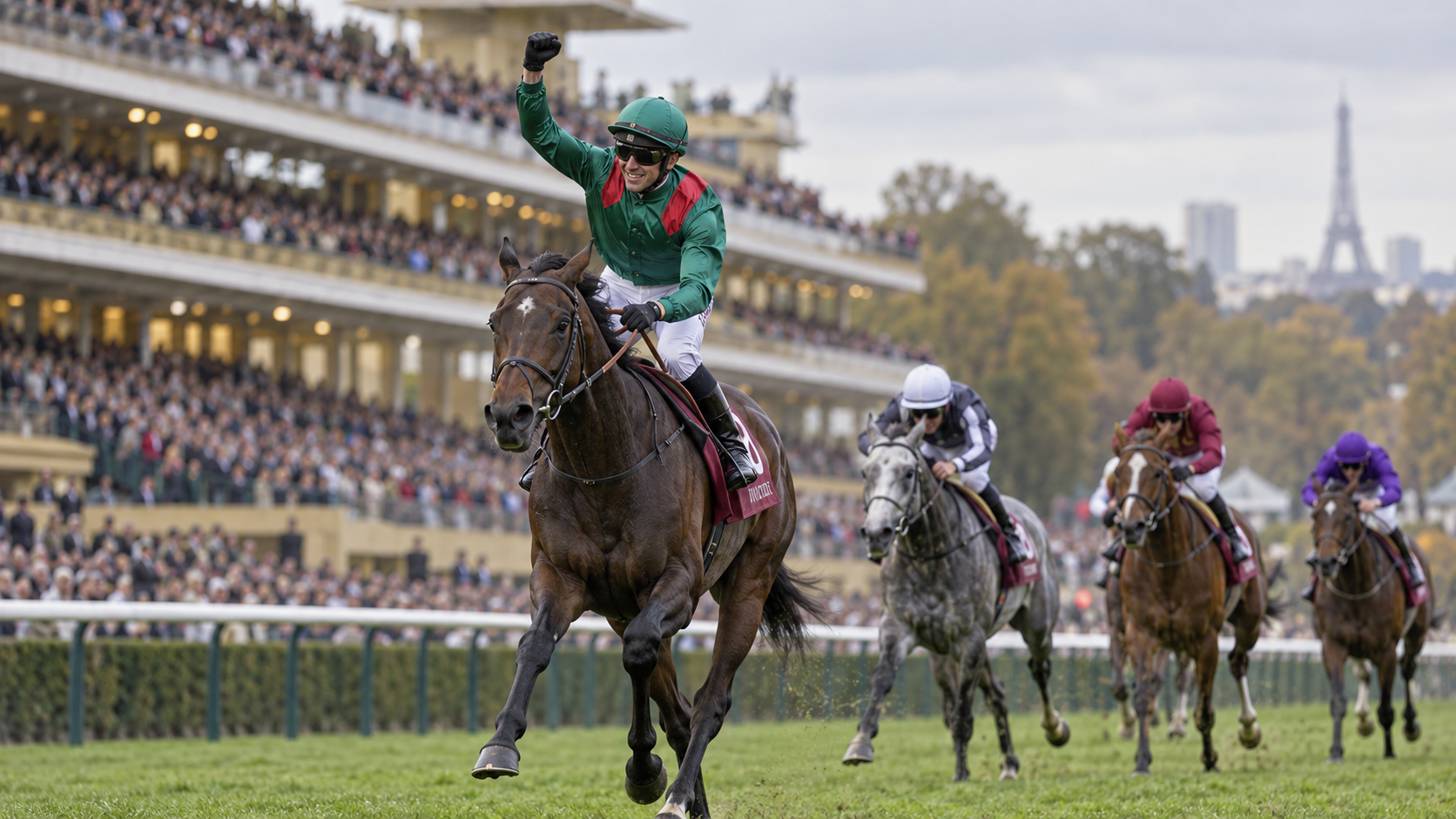 AI-generated editorial reconstruction of Mickael Barzalona celebrating Daryz's Arc victory