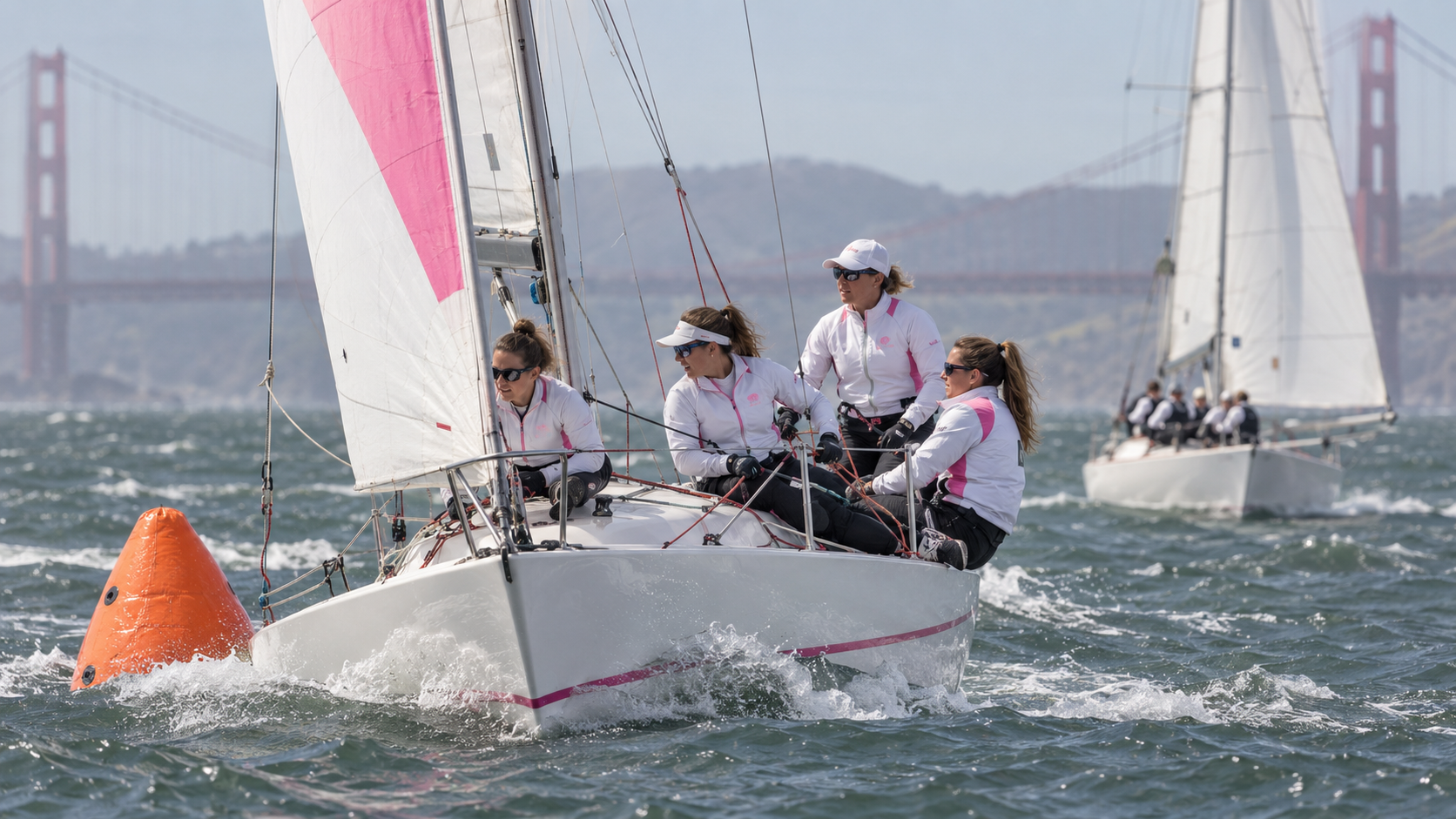 AI-generated editorial reconstruction of Pauline Courtois's crew rounding a match-racing mark