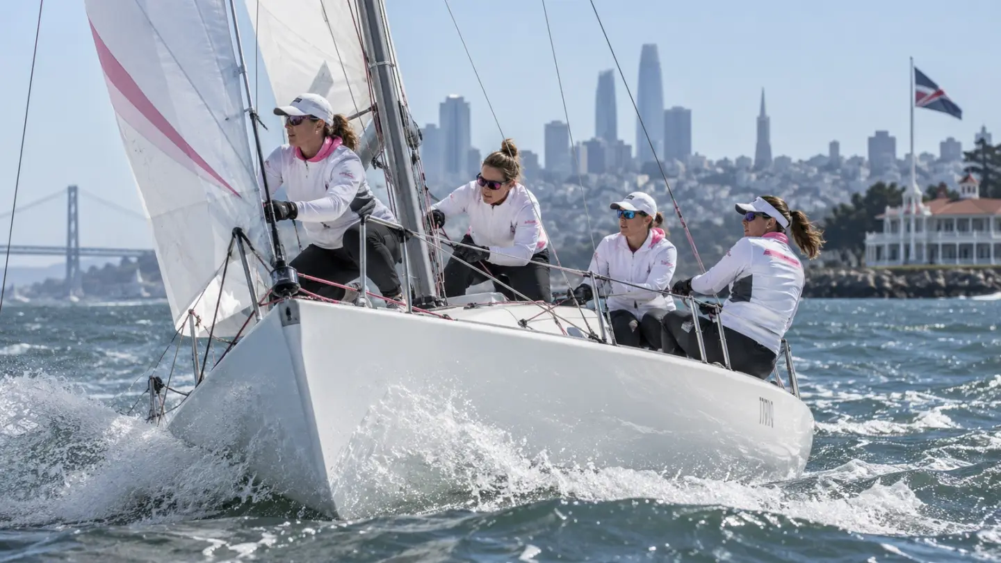 AI-generated editorial reconstruction of Pauline Courtois and the Match in Pink crew racing on San Francisco Bay