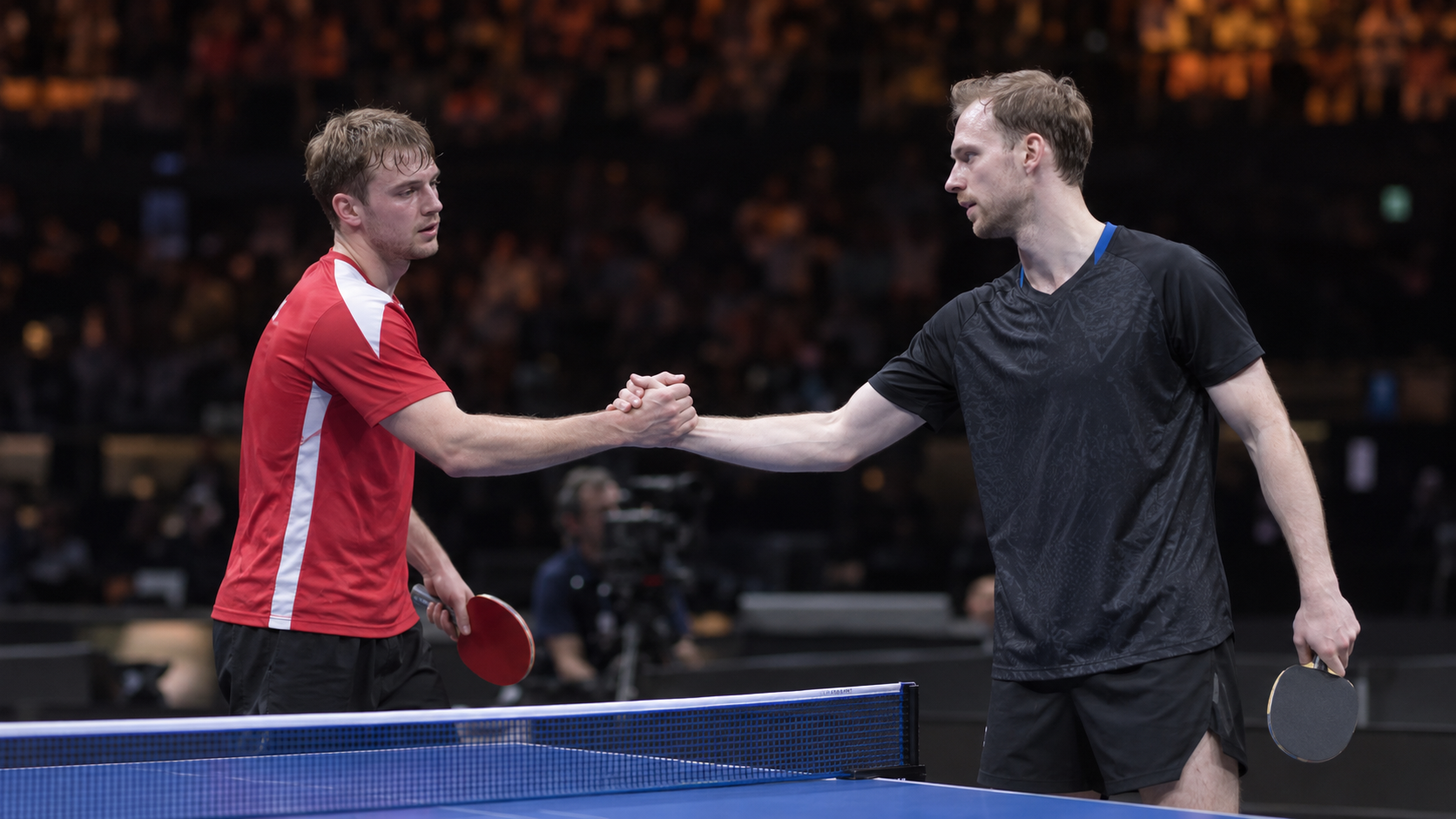 AI-generated editorial reconstruction of Tom Jarvis and Benedikt Duda shaking hands after their China Smash match