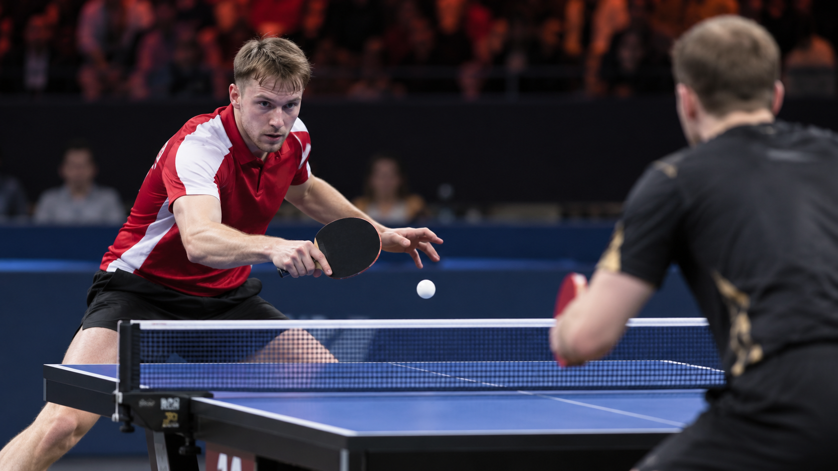 AI-generated editorial reconstruction of Tom Jarvis playing a backhand against Benedikt Duda