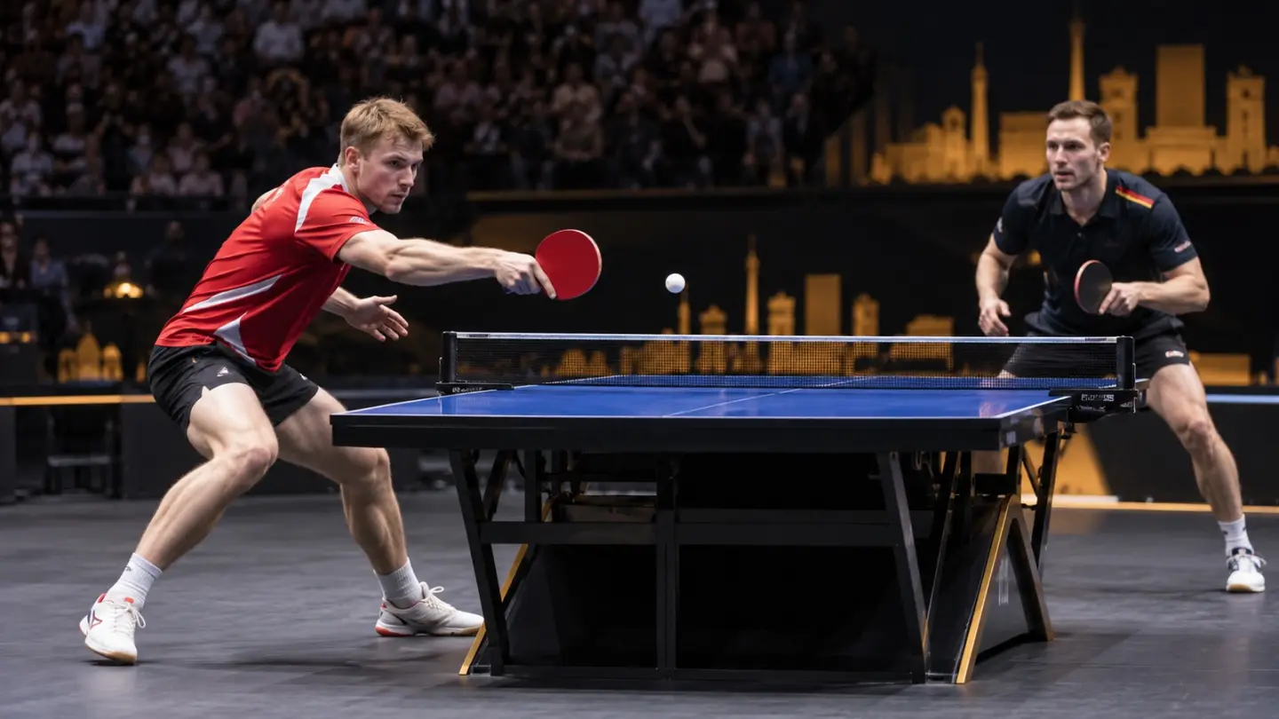 AI-generated editorial reconstruction of Tom Jarvis playing Benedikt Duda at the China Smash