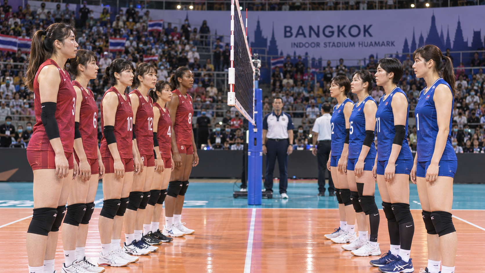 AI-generated editorial reconstruction of SAGA Hisamitsu Springs and ALEEZA AICHI before an official match in Bangkok