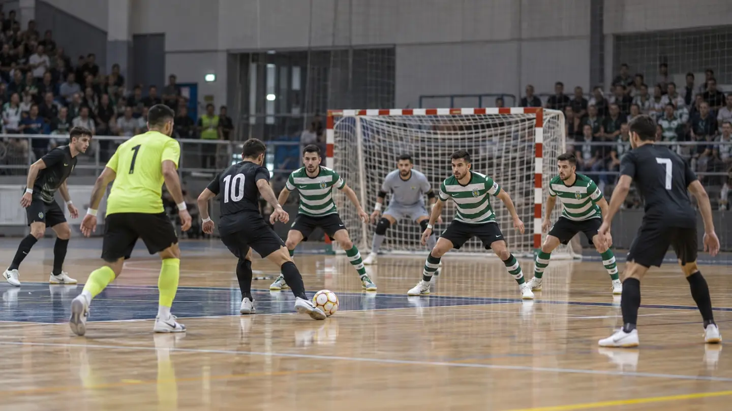 AI-generated editorial reconstruction of Sporting CP defending Eléctrico's late five-player futsal attack
