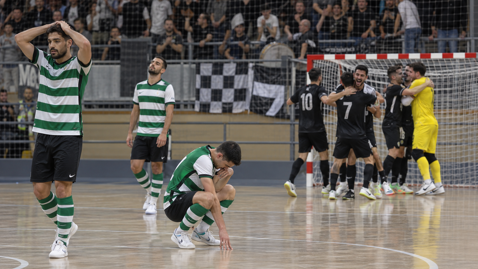 AI-generated editorial reconstruction of Eléctrico celebrating a late equaliser against Sporting CP