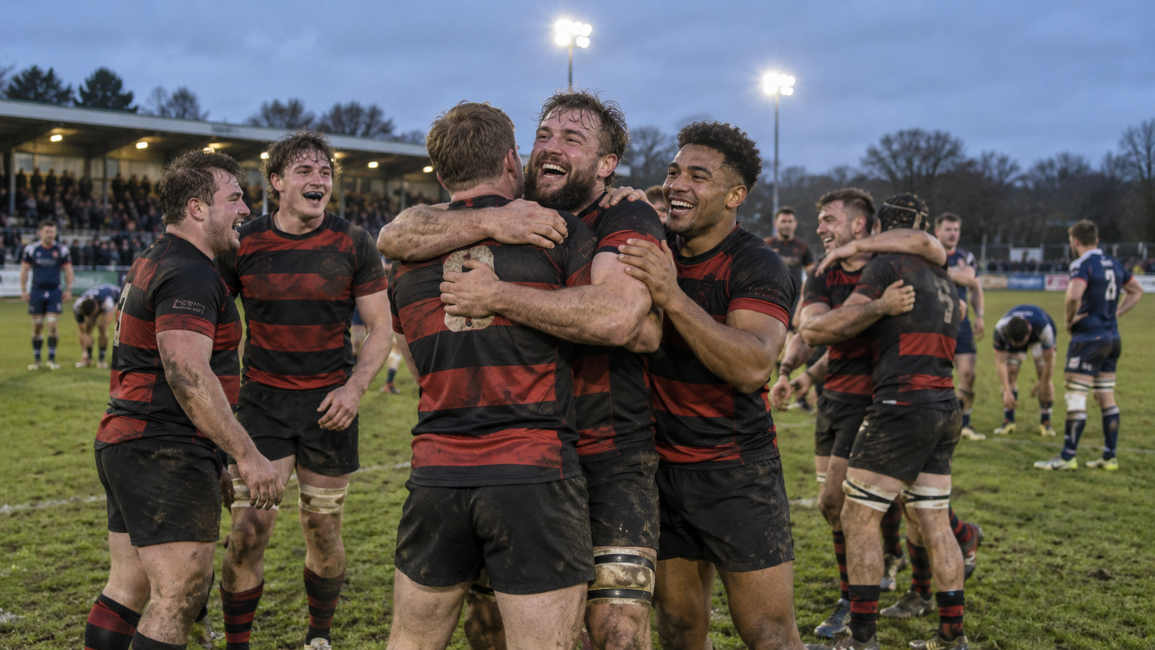 AI-generated editorial reconstruction of Blackheath celebrating their first Level 2 league win in 27 years