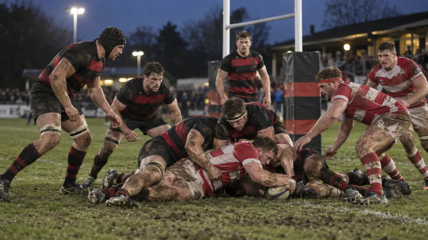 AI-generated editorial reconstruction of Blackheath defending against Doncaster Knights at Well Hall